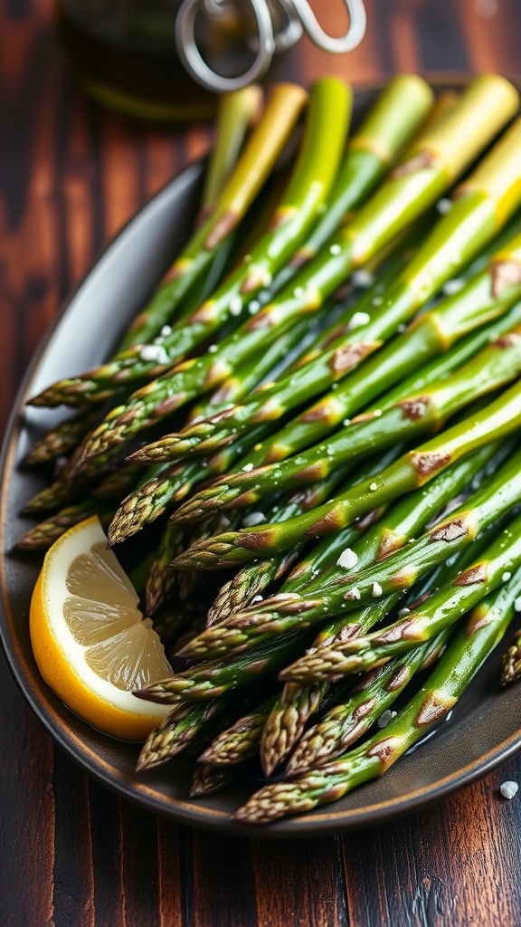 A close-up of perfectly roasted asparagus spears on a rustic plate with lemon slices.